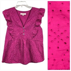 LOFT Ann Taylor Starry Eyelet Ruffle Peplum Top Fuchia Sunset Lace Summer Blouse